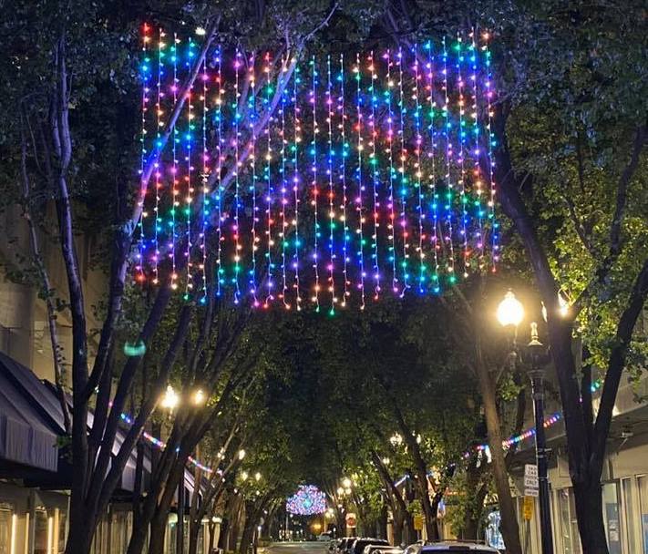 LED light display along Post St. in San Jose