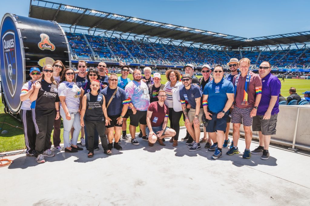 supporters and LGBTQ nonprofit members at Quakes Pride