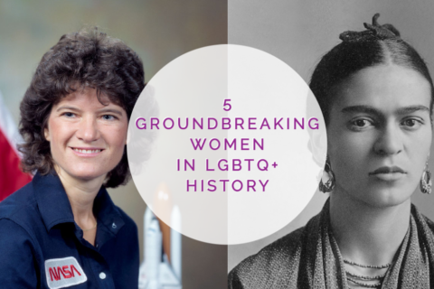 on the left is Sally Ride, and to the right, Frida Kahlo. The words "5 Groundbreaking Women in LGBGTQ+ History" divides the two images.