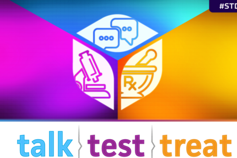 Purple, blue, and orange graphic reads "talk, test, treat"