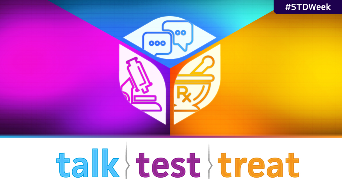 Purple, blue, and orange graphic reads "talk, test, treat"