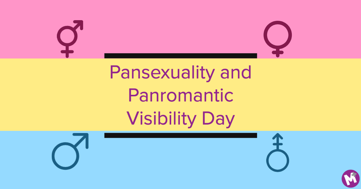 The pansexual flag is in the background. The words "Pansexuality and Panromantic Visibility Day" are in the center.