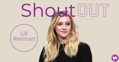 A cream background and in the middle an image of Lili Reinhart. The words "ShoutOut" read in large letters over the top of the image.